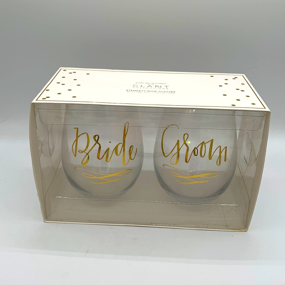 Set of Bride and Groom Stemless Wine Glasses